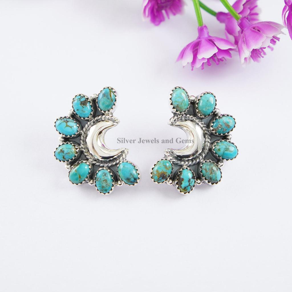 Turquoise Crescent Moon Stud Earrings: 925 Sterling Silver Bohemian Jewelry