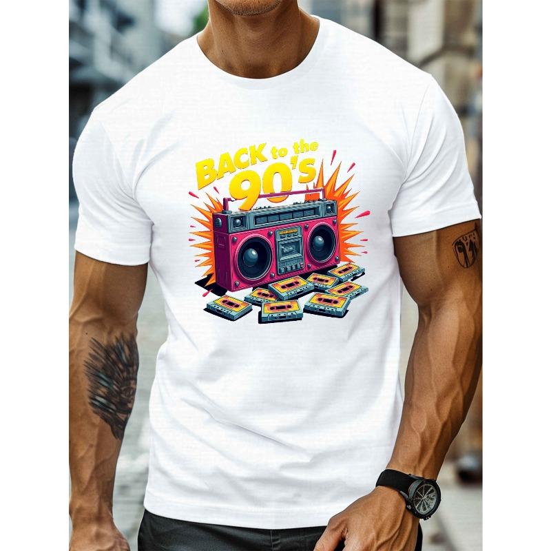 Europäische Größe Grafikdruck Herren Kurzarm-T-Shirt, Leichtes Polyester Rundhals-T-Shirt mit Retro-Boombox-Design, Lässiges Sommeroberteil für Erwachsene