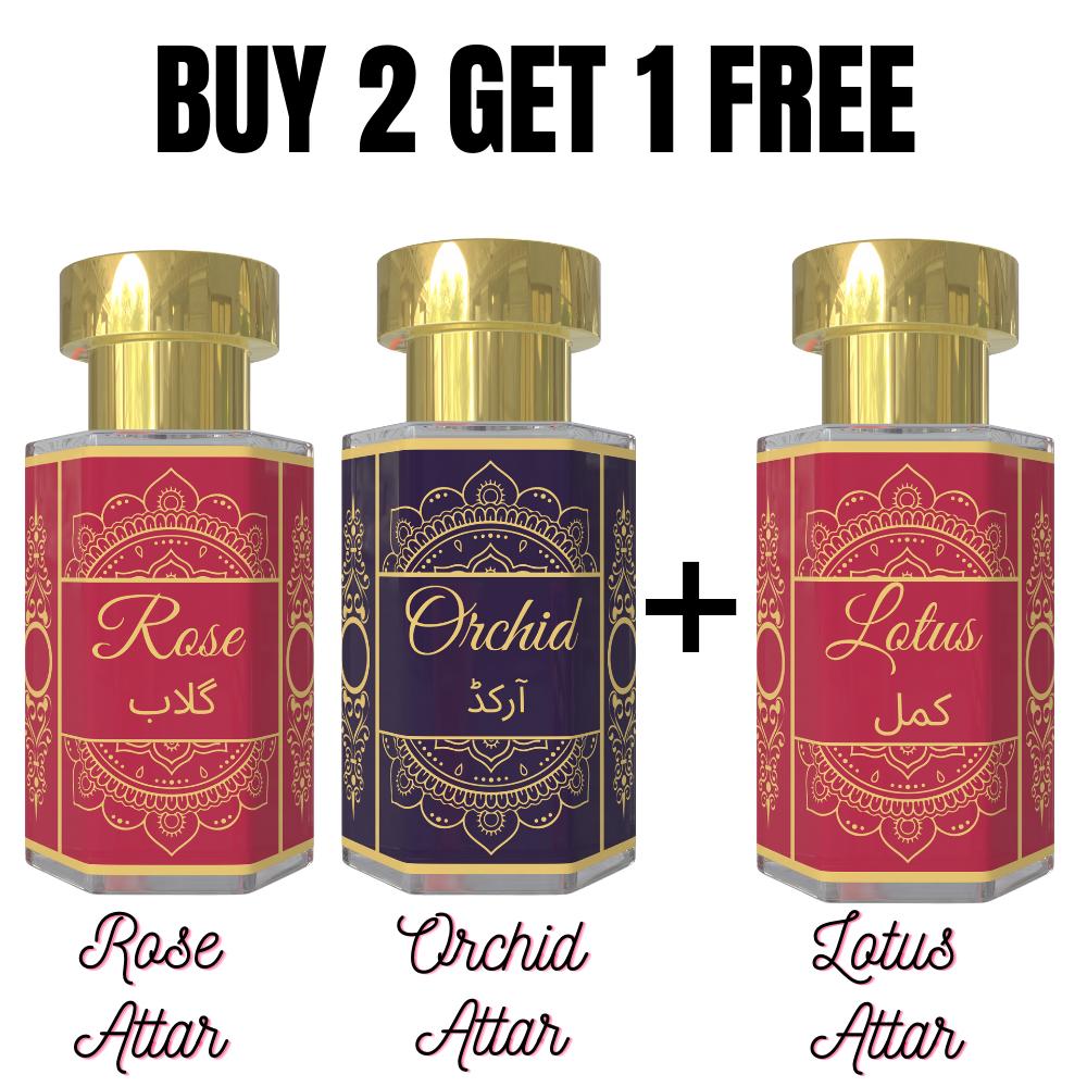 Аттар Розы и Аттар Орхидеи с Бесплатным Аттаром Лотоса – Классическое и Экзотическое Цветочное Сочетание Ароматов | Безспиртовые Унисекс Масла-Парфюм в Ролике | 3 x 6 мл Pack= 6ml