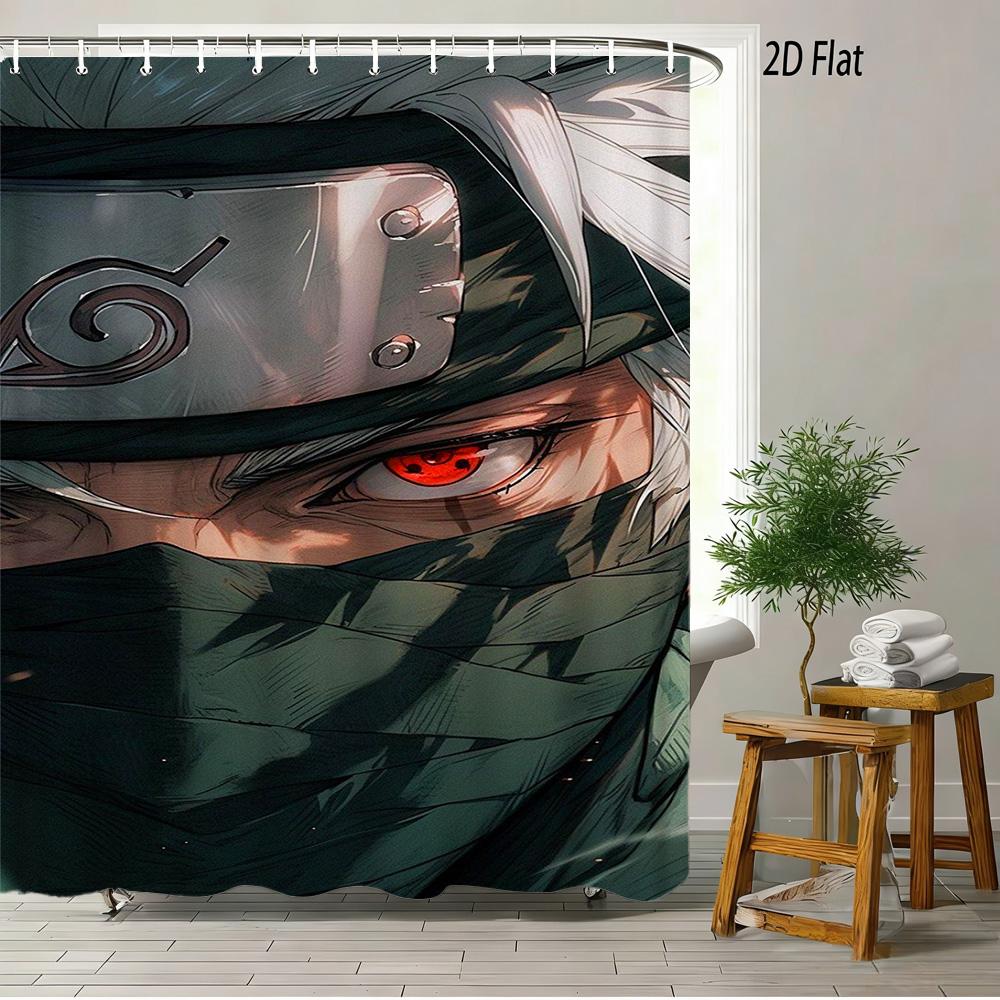 2D Flat Naruto Anime Chibi Naruto Uzumaki Sitting On Rock In Forest Print Waterproof Shower Curtain For Bathroom Decor