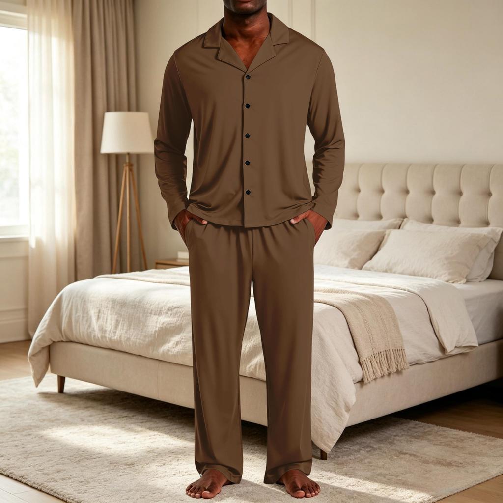 Herren-Pyjama-Set mit Reversknopfleiste und gerader Hose - Farbe Lockere Passform Nachtwäsche