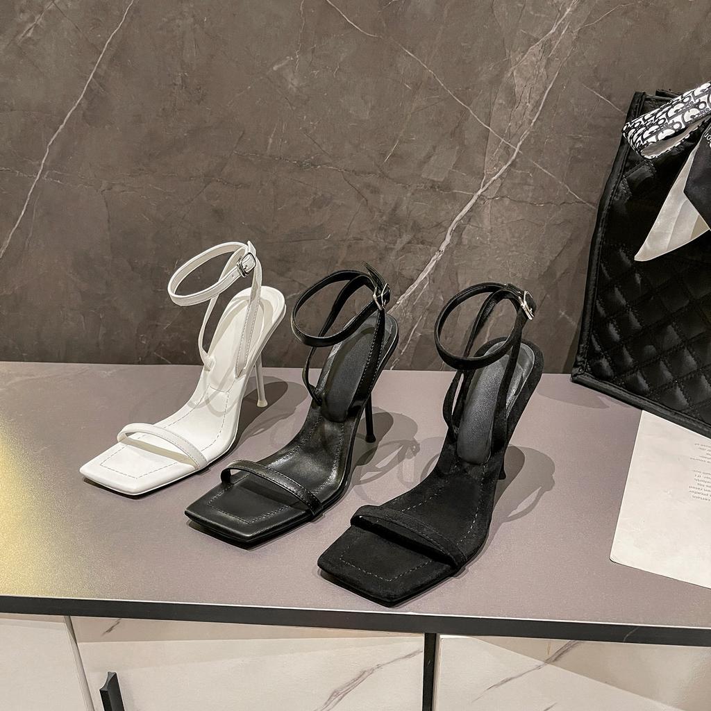New Summer Square Head Niche One-word with Sandals High Heels Women's Thin Heels Black Suede Open-toed Versatile