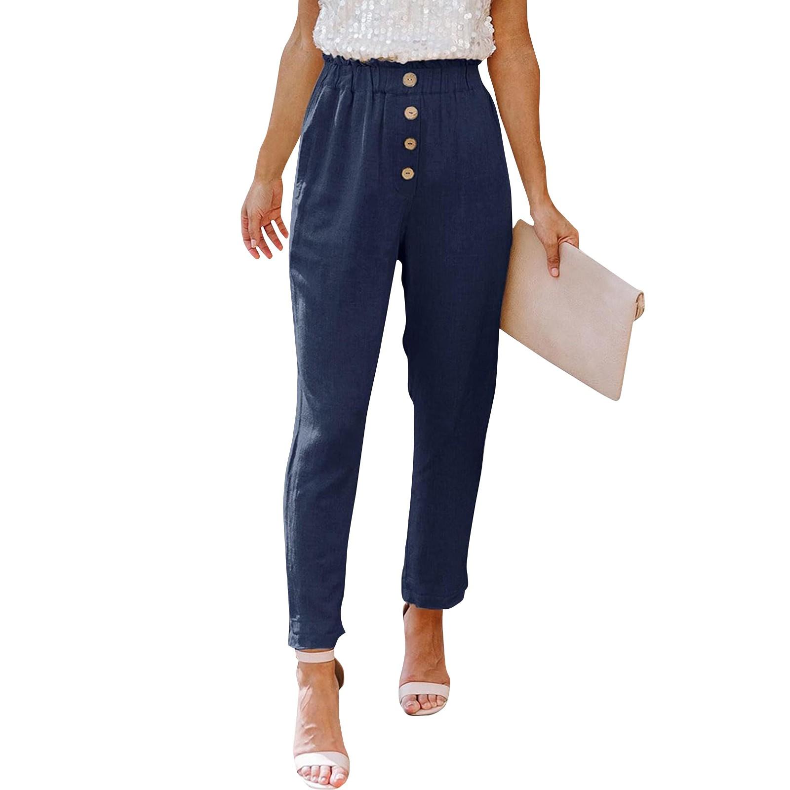 

Women s Casual Loose Pants Comfortable Seven Points Work Pants With Pockets Elastic High Waist Paper Bag Pants XXL темно-синього кольору