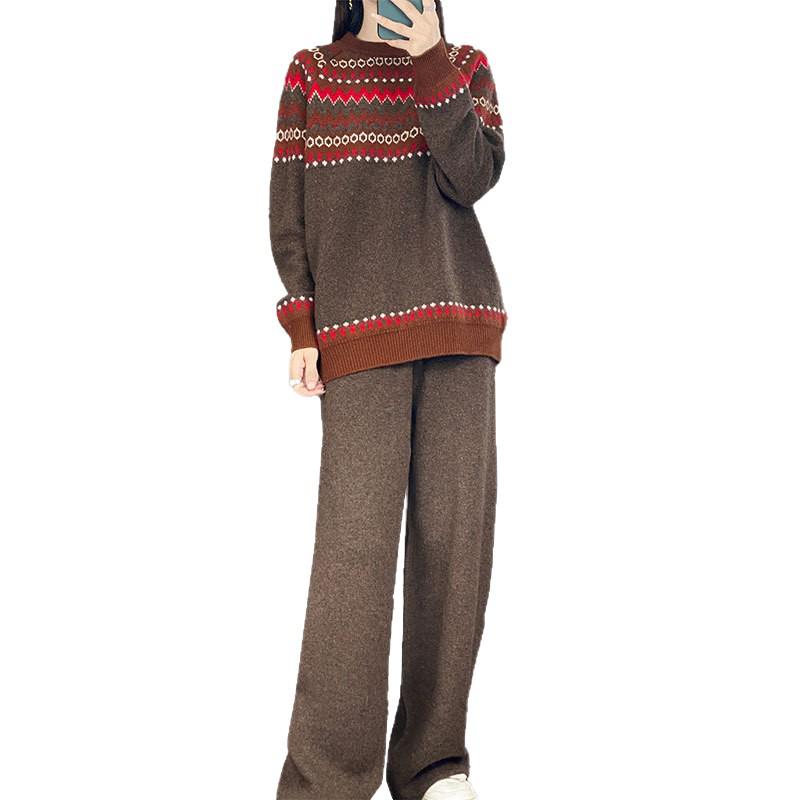 Wool Argyle Ethnic Style Retro Color Block Sweater & Long Pants Set for Women - Autumn/Winter Fashion