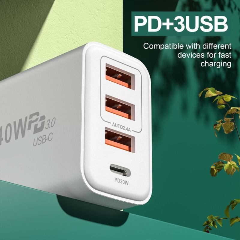 4 Συσκευές Γρήγορη 3 Θύρες USB A 1 Θύρα USB C Έξοδος 40W για Τηλέφωνα Tablets Laptops