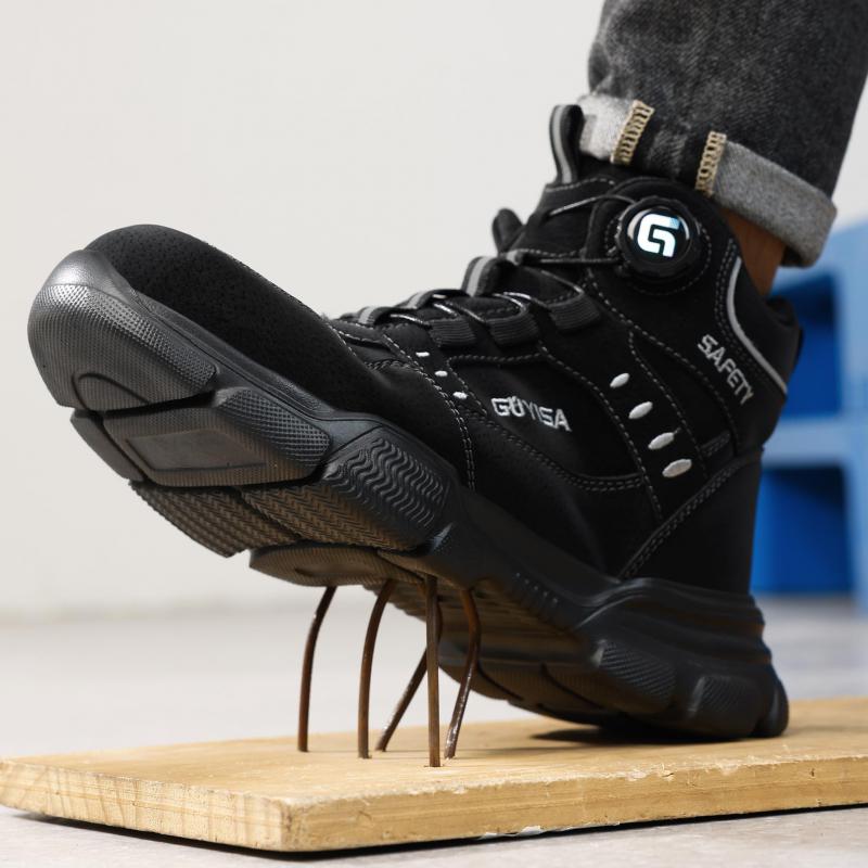 Rotating Button Safety Shoes Man Steel Toe Work Boots for Men Leather Safety Boots High Top Safety Shoes Labor Protection Shoes