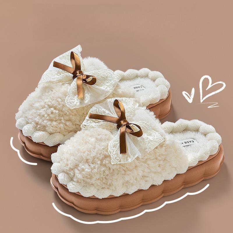 Women's Plush Slippers - Bow Detail Winter House Shoes, Ultra-Soft Non-Slip Indoor Slippers for Home Maternity Comfort