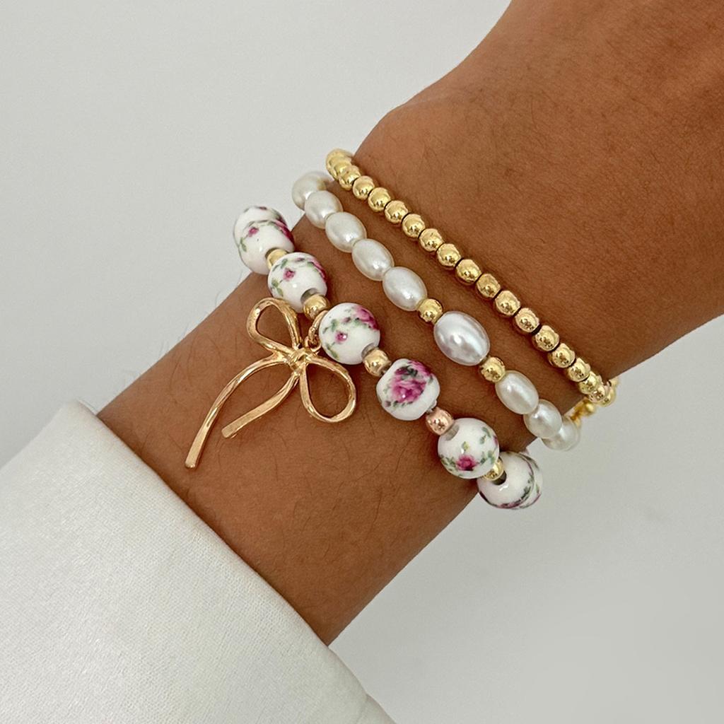 Sweet And Cool Style Ribbon Bow Bracelet, Temperament Love Imitation Pearl Star Stacked Wearing Jewelry Women