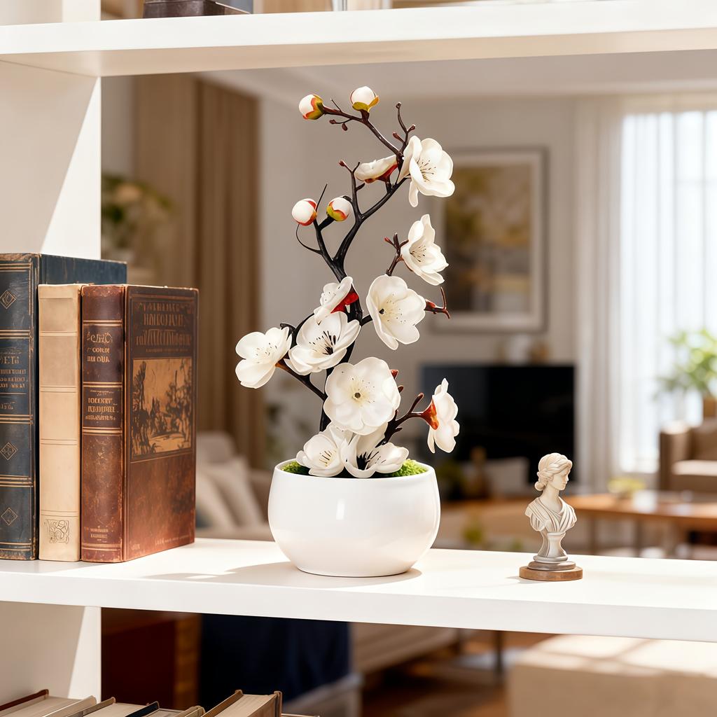 1pc Realistic Artificial Plum Blossom Bonsai, Mini Potted Tree for Home Office Desk, Maintenance-Free with White Pot, Flowers