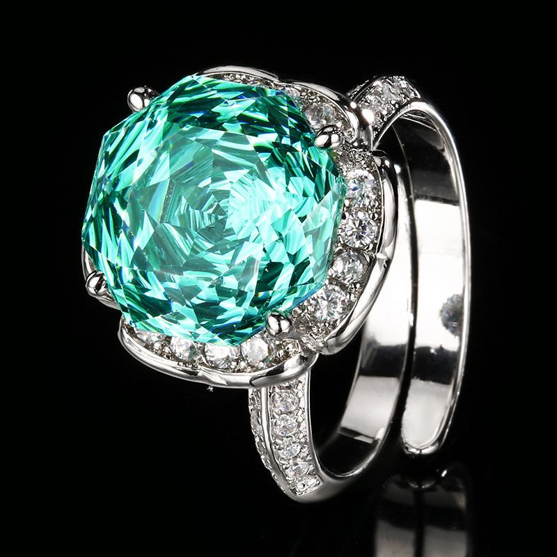 

Jewelry Copper Bottom Gold-Plated Imitation Rose Cut Sea Blue Bud Texture Ring Female 12Mm