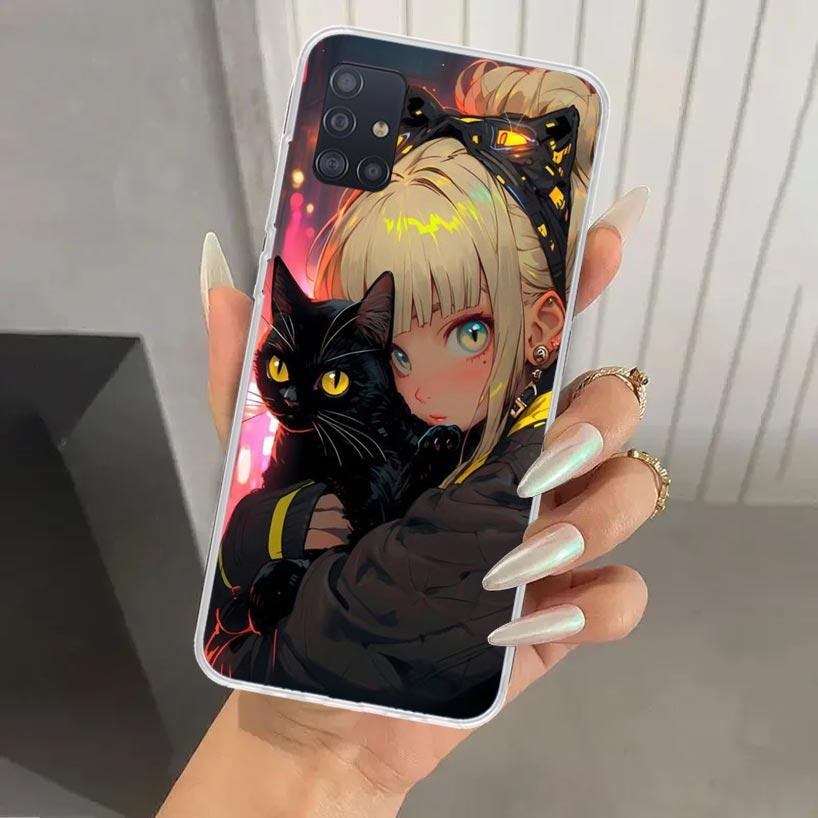 Anime Girls Cute Black Cat Phone Case for Samsung Galaxy A52 A32 A22 A12 A02S A50S A30S A10S Note 20 Ultra 10 Plus S10 A31 A20 A