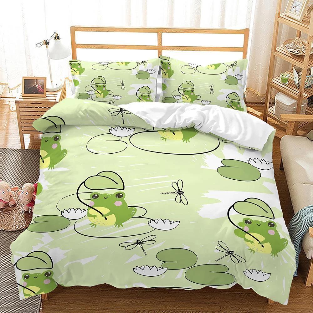 

Cute Frog Bedding Set Green Animal Down Duvet Cover Queen King Double Duvet Cover Pillowcase 2/3pc Gift Soft Bedroom Decoration Baby 100x135cm