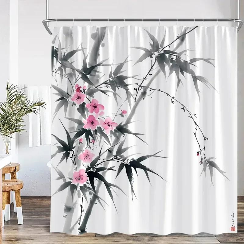 Ink Painting Shower Curtain Chinese Asian Style Cherry Blossom Japanese Woman Classical Bathroom Decor Polyester Bath Curtain