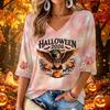 Women's Stylish V-Neck Halloween Print Three-Quarter Sleeve Casual Top for Party
