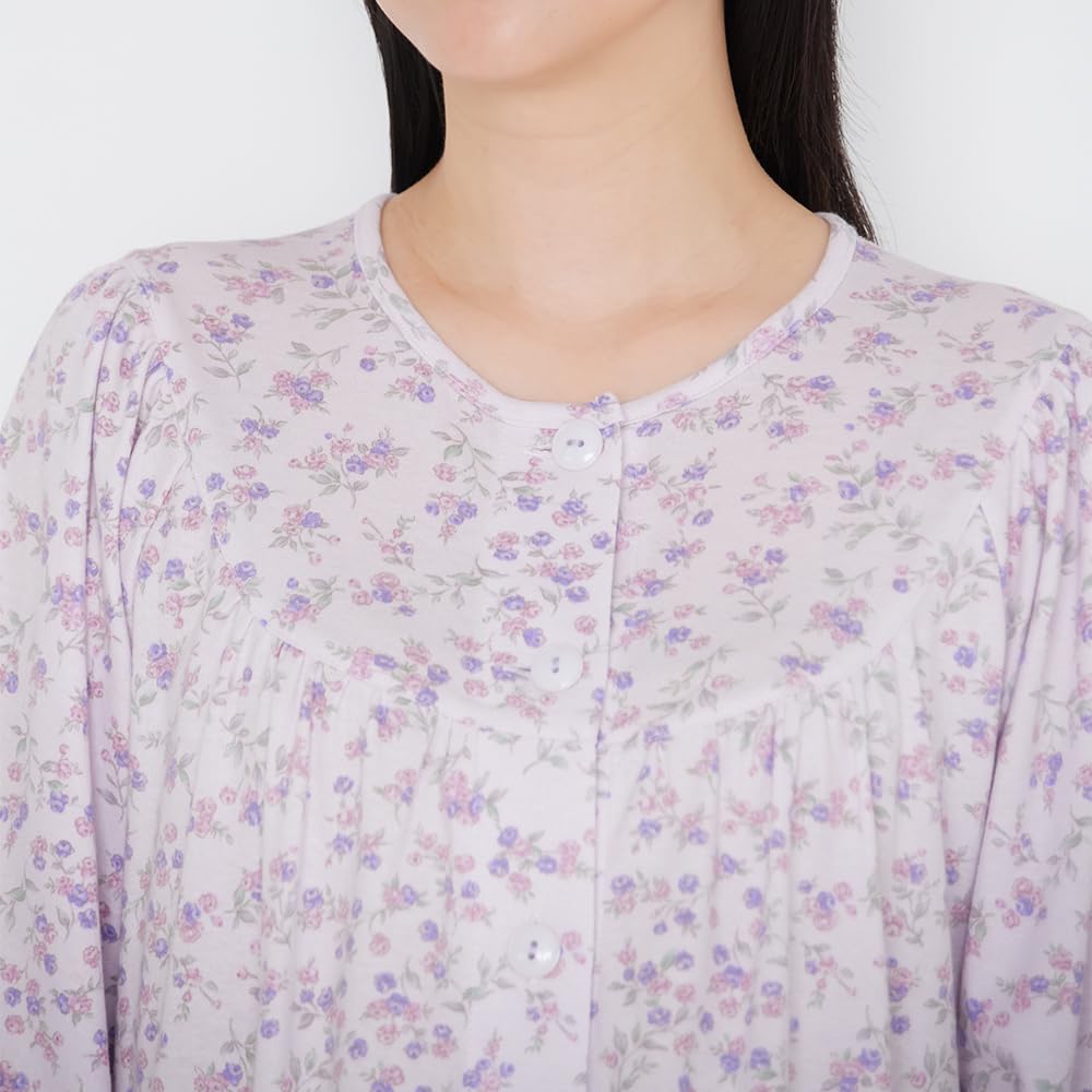 Langärmliger glatter PT Pyjama mit leicht zu stützendem Saum mit Druckknöpfen, Damen-Nachthemd, 100% Baumwolle,