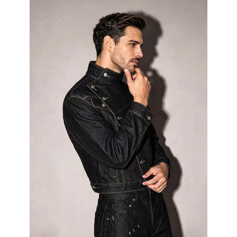 American retro black stand-up collar slanted denim jacket men's ruffian handsome locomotive short jacket