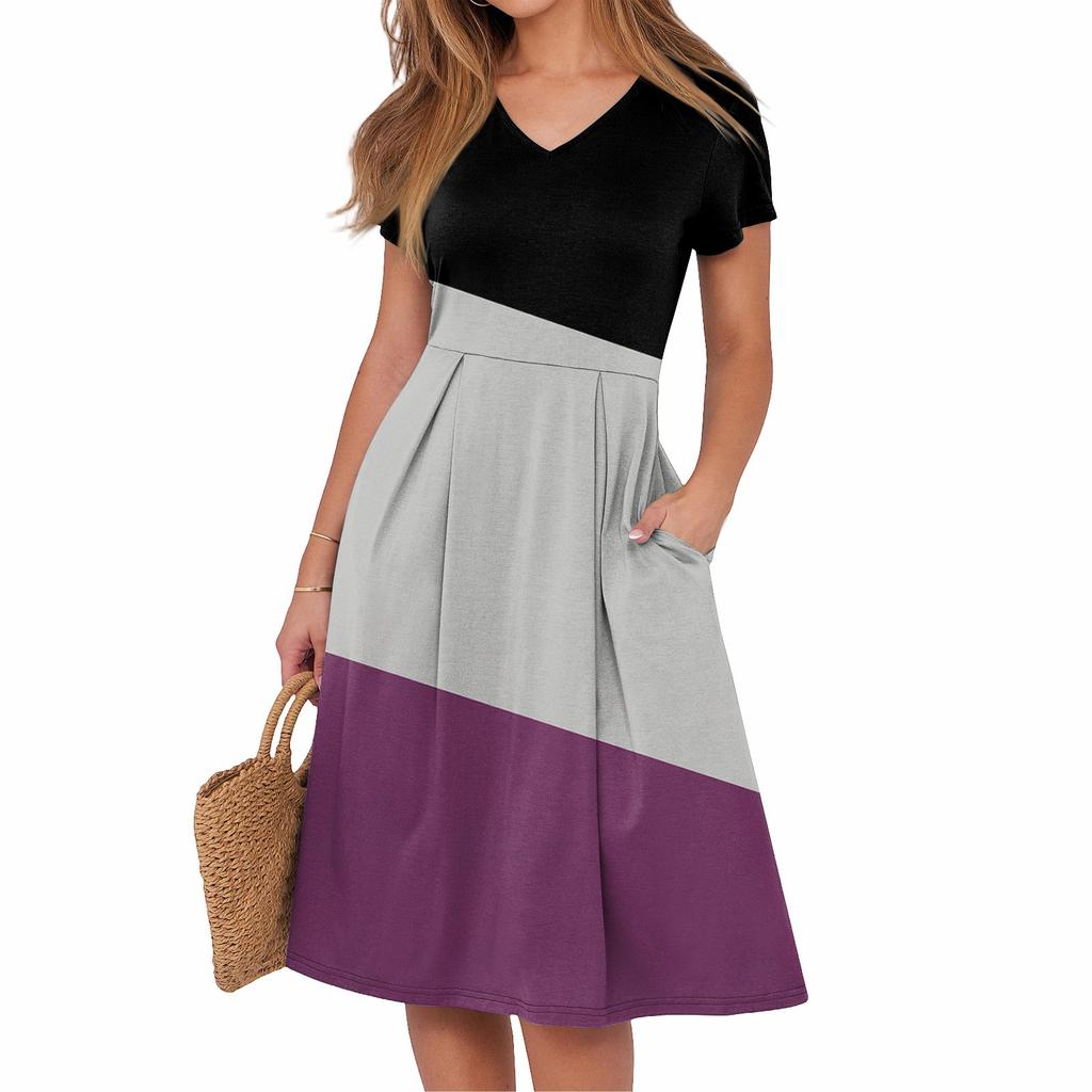 Vestido de Verano Casual para Mujer con Estampado, Cuello en V, Manga Corta y Bolsillos