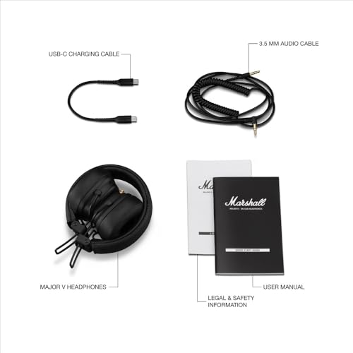 Marshall Major V Wireless On-Ear Headphones, Black, Bluetooth, 100 Hours of Playtime, Qi Charging, and Call Support [Official Japanese Product]