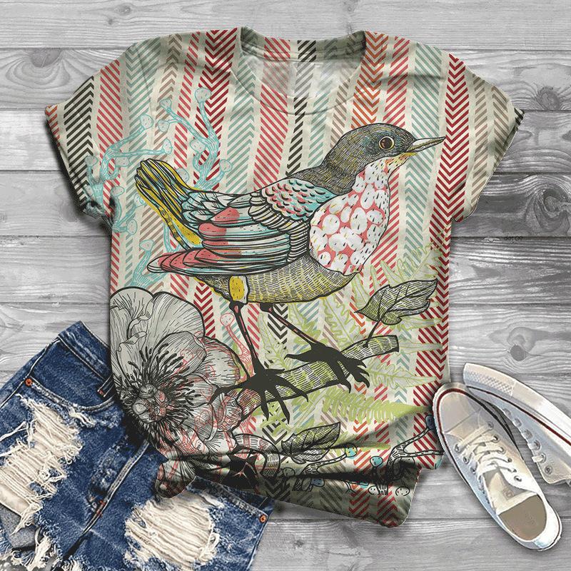 Summer Bird Pattern 3D Digital Print Women's Plus Size Fashionable Short Sleeved T-shirt