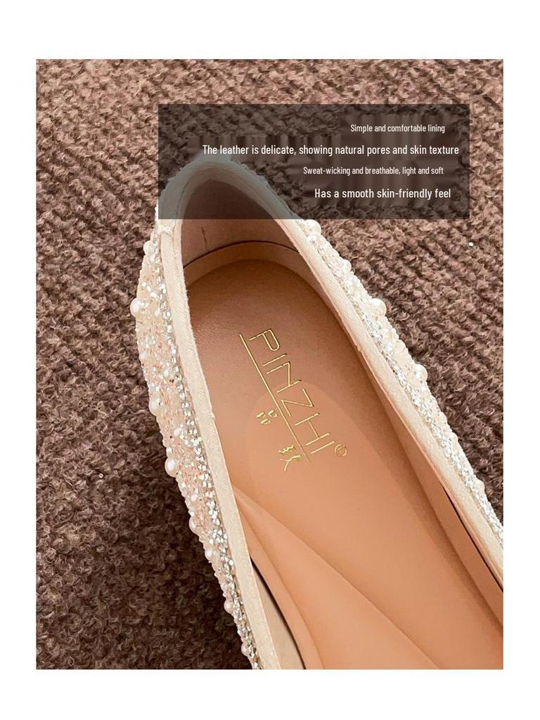 A33-3 Women's French Exquisite Rhinestone Pointed Toe Flat Shoes - Comfortable & Elegant for Banquets