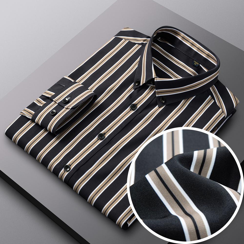 

Мужские рубашки с воротником, тянущиеся в 4 направлениях, немнущиеся, на пуговицах, деловые кэжуал, с длинным рукавом, шелковистого блеска, полосатые 44 имбирный/чёрный