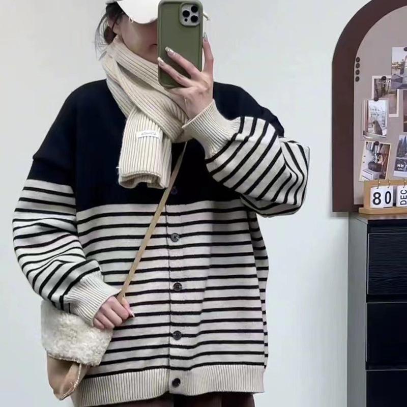 

Lazy wind casual striped design knitted cardigan women s autumn and winter loose versatile crew neck sweater jacket one size fits all