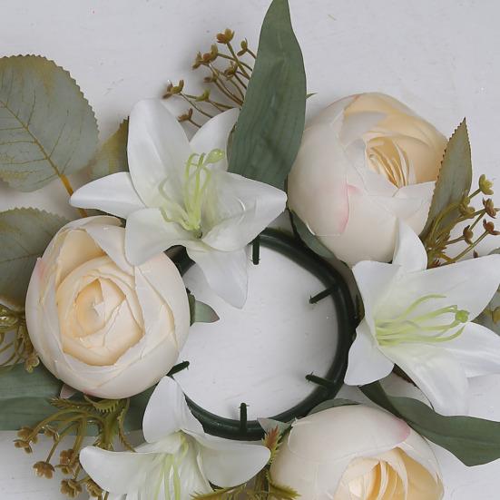 Mini Artificial Wreath Candle Ring Realistic Faux Lily Rose Garland with Plastic Base Candle Wine Decoration Weddings Party Dining Table Centerpiece