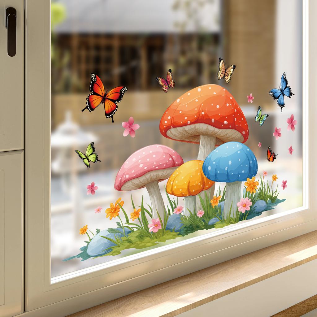 New cute mushroom butterfly glass stickers for children's room balcony window decoration stickers