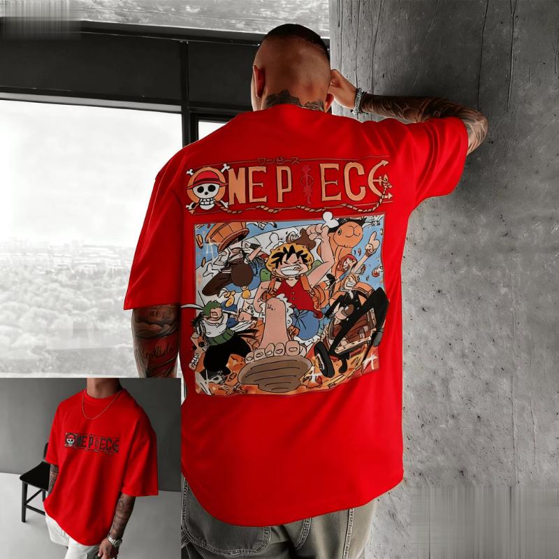 T-shirt Estiva One Piece Anime da Uomo in Cotone a Manica Corta con Stampa Grafica Luffy Equipaggio Pirata Streetwear Top Casual Cartone Animato Vintage