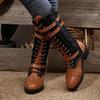 Fashion Autumn and Winter New Colorblocking Leather Boots for Women Round Head Belt Buckle Lace-up Thick Heel Mid-calf Knight Boots