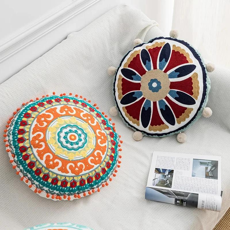 Moroccan Ethnic 45cm Round Cushion Cover Mandala Floral Embroidery Home Decor Living Room Throw Pillow Case Ball Decorative