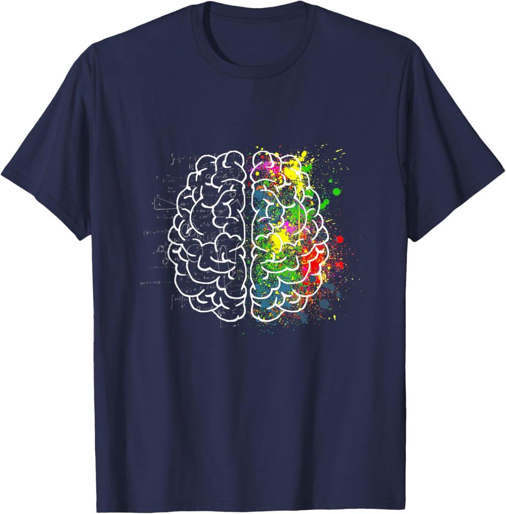 Left Right Brain Split Science Art Graphic Tee Men Casual Cotton Print T-Shirt