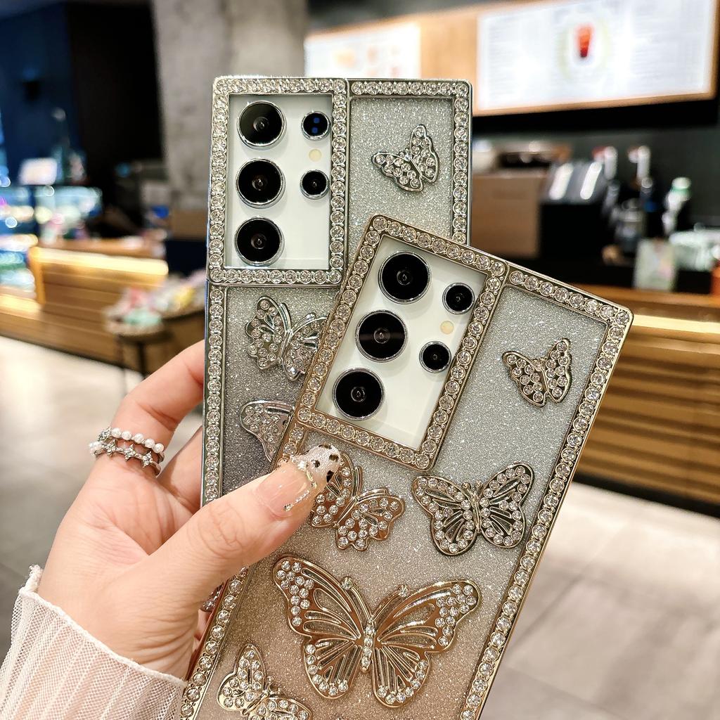 For Samsung Galaxy S25 Ultra Case Rhinestone Butterfly Decor Soft TPU Phone Cover