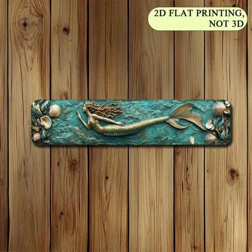 Art Mural Sirène 4x16 Pouces Plaque Métallique Étain Plat Écailles Dorées Océan Turquoise Décoration Maison Pour Salon