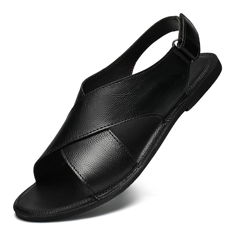 Men's Plus Size Leather Slides: Casual, Breathable, Non-Slip Summer Sandals. Versatile Beach Shoes in Sizes 46-47.