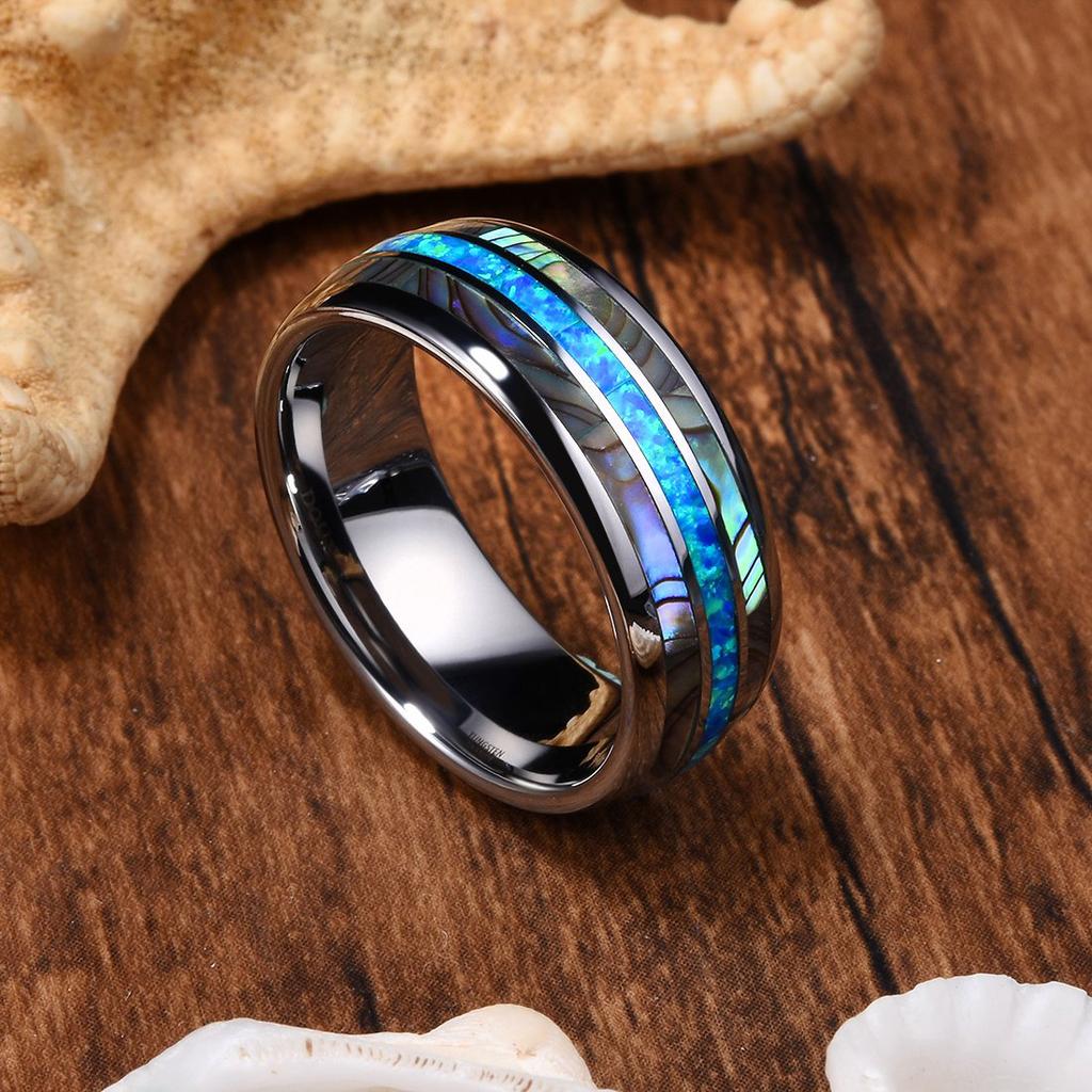 Fashion 8mm Copper Color Tungsten Wedding Men Stainless Steel Rings Inlay Abalone Shell Blue Opal Rings Men Wedding Jewelry