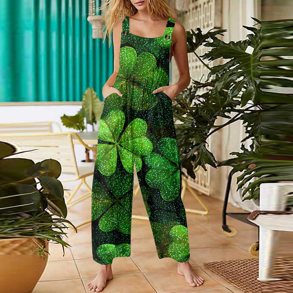 Women's Leaf-printed Casual Loose Retro Overalls Cotton and Linen Jumpsuits