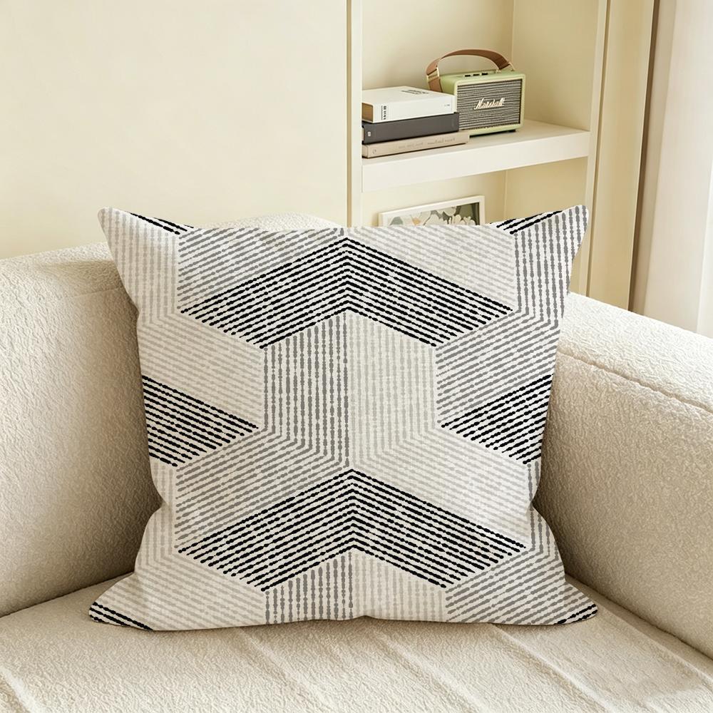 G-Gray White Geometric Pattern Cushion Cover Natural Linen Pillowcase Set, All-In-One Decor For Sofa, Bedroom & Chair