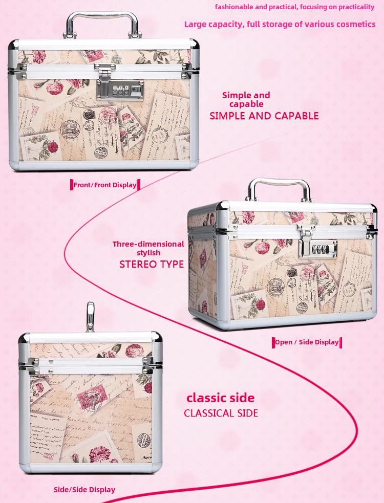 Portable Double-Layer Aluminum Alloy Cosmetic Case with Mirror and Password Lock
