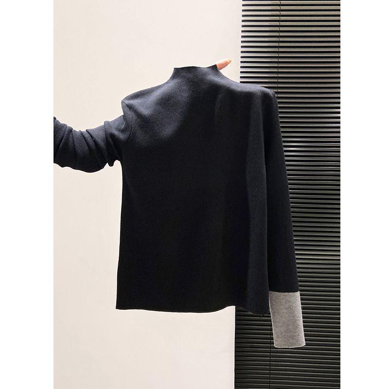 Women's Super Soft Color Block Knitted Turtleneck T-Shirt - Trendy, High-End Autumn/Winter Layer