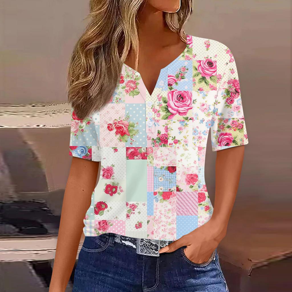 Women's T Shirt Print Button Short Sleeve Daily Weekend Fashion Basic V-Neck Regular Top