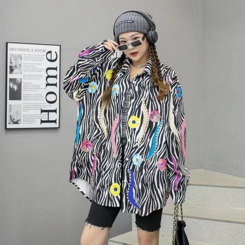 Thailand Tide Brand Autumn New Heavy Industry Bead Printing Long-sleeved Shirt Women's Medium and Long Loose Shirt Cross-border