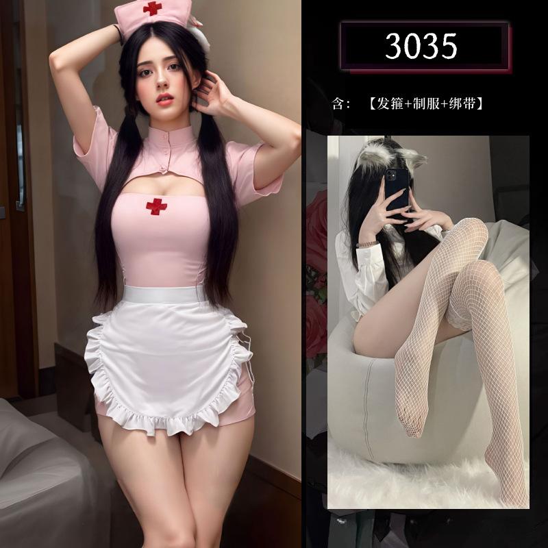 Sexy Lingerie Pure Desire Nurse Uniform Lace Bow Heart Perspective Cos Maid Sexy Suit