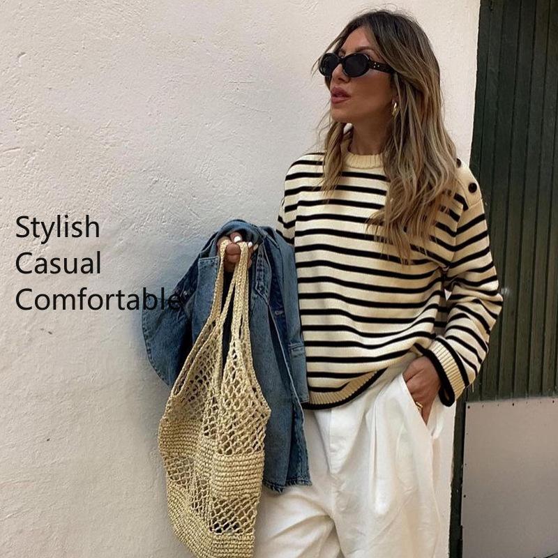 YYFS Dámské módní ležérní svetry s dlouhým rukávem a proužkovaným potiskem s kulatým výstřihem na podzim a zimu