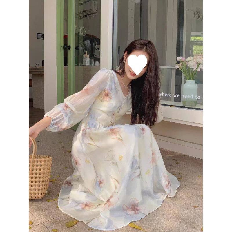 Gentle wind print Tencel dress women's autumn French design sense long sleeve slim dress fairy