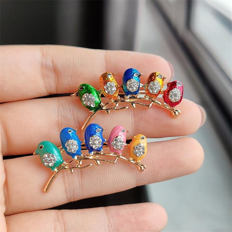 Cartoon Cute Colorful 5 Bird Brooch High-Grade Enamel Drip Oil Glaze Diamond Animal Silk Scarf Buckle