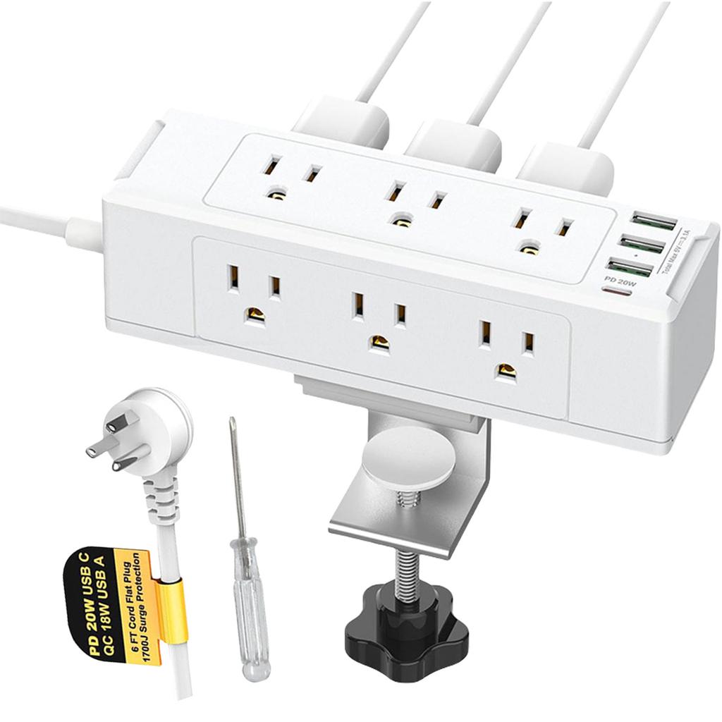 Desk Edge Mount Power Strip with 6 Outlets & 4 Fast Charging USB Ports Tabletop Surge Protector Desk Clamp Power Socket