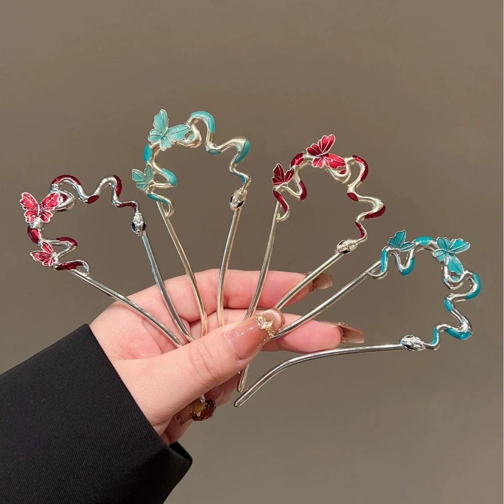 Snake Hairpin Vintage Advanced Sense Chinese Style Hair Stick Metal Flower Hair Pin Plate Hair Retro Hair Clip Hair Accessory