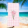 Blue Gingham Beach Towel - Super Absorbent Quick Dry Microfiber With Purple Floral Bouquet, Soft Sand-Free Blanket For Picnic