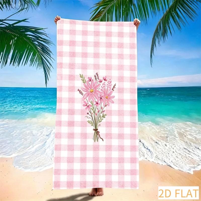 Blue Gingham Beach Towel - Super Absorbent Quick Dry Microfiber With Purple Floral Bouquet, Soft Sand-Free Blanket For Picnic